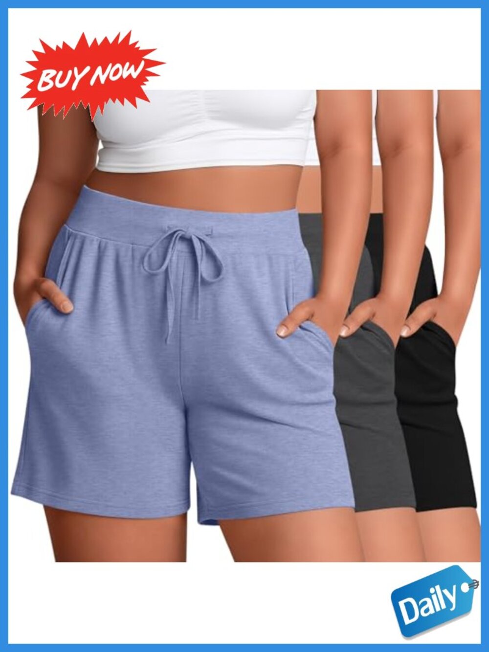 Plus Size Bermuda Shorts 3 Pack Drawstring Pockets Athletic Lounge